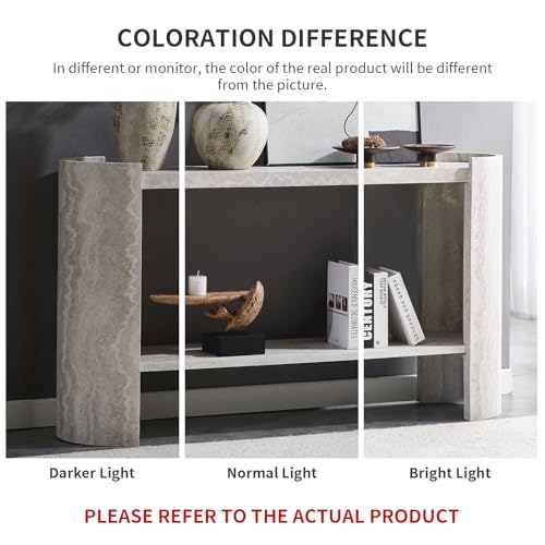 BFJDM 53" Faux Travertine Stone Console Table for Entryway, 2-Tier Sofa Entrance Table with Faux Mars Marble Pattern, Modern Sofa Tables with Storage Shelf for Living Room, Hallway, Foyer, Beige BFJDM