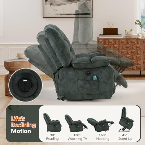 HAOMARKETS Oversized Power Lift Recliner with Massage and Heat for Elderly, Electric Lifting Reclining Chair with Side Pockets and USB Port for Living Room, Dark Green