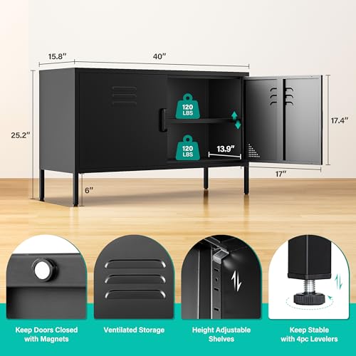 SISESOL Black Metal Storage Cabinet with Doors and Shelves,2 Door Wide Metal Locker Accent Storage Cabinet with Leg & Vent Hole,Wide TV Cabinets,Low Side Cupboard for Home,Office,Dining/Living Room SISESOL