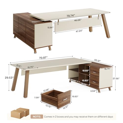Tribesigns 78.7-Inch Executive Desk, L-Shaped Desk with 55-Inch Cabinet, Large Office Desk with Storage Shelves, Modern Computer Desk for Home Office, White & Walnut Tribesigns
