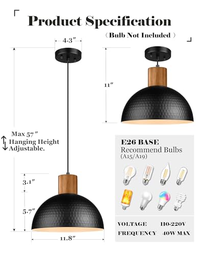 ELYONA Industrial Pendant Light, Rubber Wood Dome Hanging Lamp with 12" Hammered Metal Shade, Modern Pendant Light Fixtures for Kitchen Island, Bar, Farmhouse Dining Room, Bedroom, Hallway - Black ELYONA