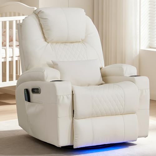AHMED Rocking Recliner Nursery Chair, Dual Motor Power Swivel Glider Recliner with Heat & Massage, Nursery Recliner Chair with USB A/C Ports, Cup Holders & LED Light for Living Room & Bedroom, Beige