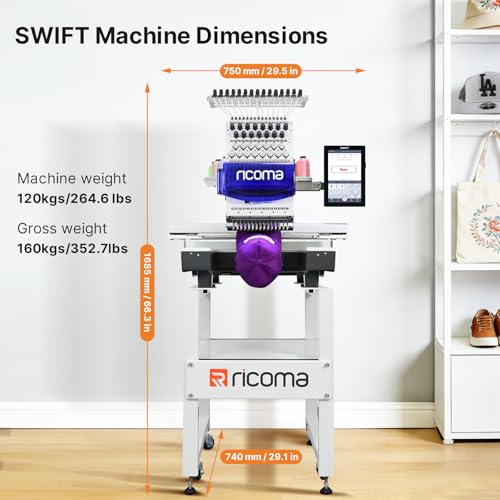 Ricoma Swift 1501 15-Needle Commercial Embroidery Machine, 20.5"x13.8" Large Embroidery Area, 1200SPM Max Speed, 10.1" Touchscreen, Wi-Fi/USB, 3D Cap & Flat Clothing Embroidery for Business