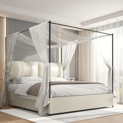 PAUKIN Canopy Bed Frame King Size with Upholstered Headboard, Sturdy and Stable, Easy to Assemble, Metal Bar Support, no Spring Mattress Required. (White, King)