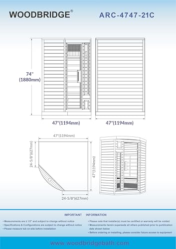 WOODBRIDGE Infrared Sauna Room 2 Person Japanese Cedar Indoor Corner Sauna with 7 Carbon Heaters, Red Light Therapy,Bluetooth Speaker,Intelligent Dual Control System,Tempered Glass,Exterior Brim Light WOODBRIDGE