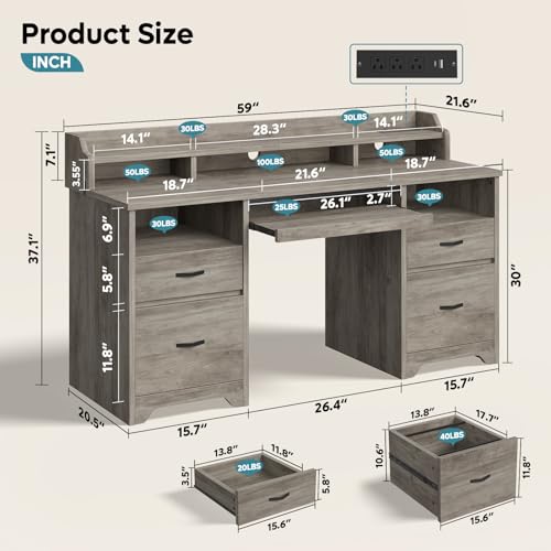 Bestier Farmhouse 59" Executive Desk with Drawers, Wood Computer Desk with Charging Station, Home Office Desk with Keyboard Tray & Monitor Stand, Sturdy Pedestal Desk for Work Study, Grey Bestier