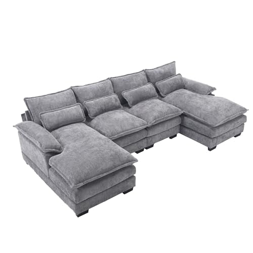 6 Seater Overstuffed Modular Sectional Sofa Cloud Couch with Double Chaise Lounge, U Shaped Chenille Upholstered Leisure Sofa&Couches with Memory Foam and Waist Pillows for Living Room Office Eafurn