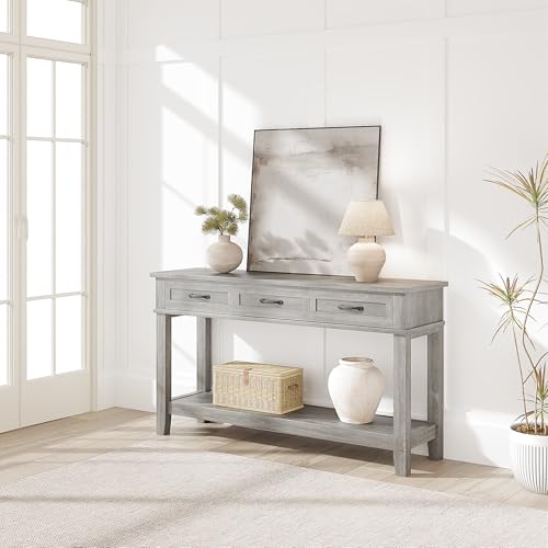 IDEALHOUSE entryway Table, Entry Table with Drawers 3-Drawer Storage & Open Shelf, 2-Tier Sofa Table Behind Couch Narrow Long, Farmhouse entryway Console for Hallway Foyer Living Room, Grey IDEALHOUSE