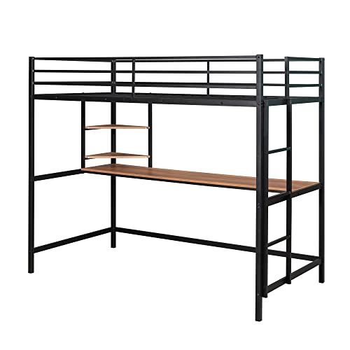 Bellemave Twin Size Loft Bed with Desk and 2 Shelves, Metal loft bedframe with Storage Shelves, Black Bellemave