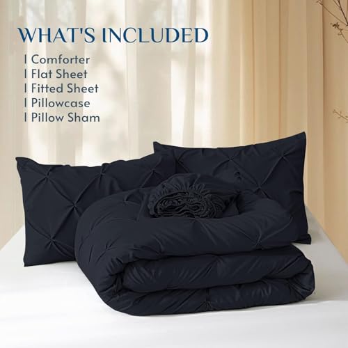 JOLLYVOGUE Twin Comforter Set 5 Pieces - Bed in a Bag Twin for All Season, Pintuck Bedding Comforter Sets with Comforter, Flat Sheet, Fitted Sheet and Pillowcases & Shams, Black JOLLYVOGUE
