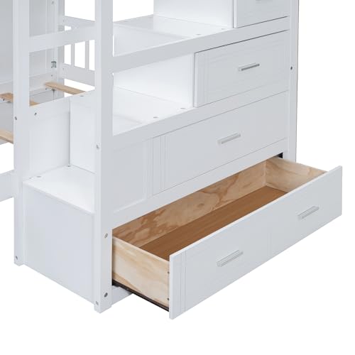 Ball & Cast Full Over Twin Bunk Bed with Safty Guardrail & Storage Stair,Wood Loft Bedframe W/Wardrobe & Drawers,Space-Saving Design,Easy Assembly,Versatile Furniture for Boy Girl Teen Bedroom,White Ball & Cast
