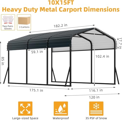 GAOMON Metal Carport, Carport with Reinforced Base and Galvanized Steel Roof, Heavy Duty Garage Car Shelter Shade, Outdoor Car Port Canopy for SUV, Truck, Boats, 10x15 FT GAOMON