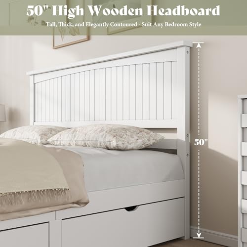 AMERLIFE King Size Solid Wood Bed Frame with 50" Tall Headboard, Mid-Century Modern Bed with Storage Drawers, Clean Wooden Platform Bed, 2 Side Drawers/No Box Spring Needed/White AMERLIFE