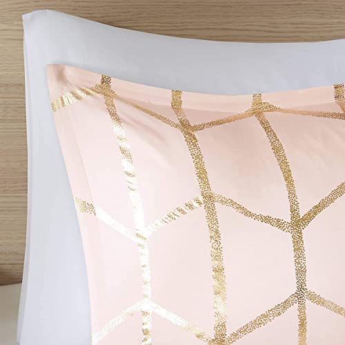 Intelligent Design Raina King/Cal King Comforter Set, Soft Microfiber, Modern Geometric Metallic Bed Set, 5 Pieces College Bedding with 2 Shams, 2 Toss Pillows Blush/Gold Intelligent Design