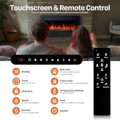 Sweetcrispy 36" Electric Fireplace Wall Mounted or Recessed Insert, 1500W/750W Freestanding Fireplaces Heater with Remote Control,13 Adjustable Flame Color, 12H Timer, Touch Screen Sweetcrispy