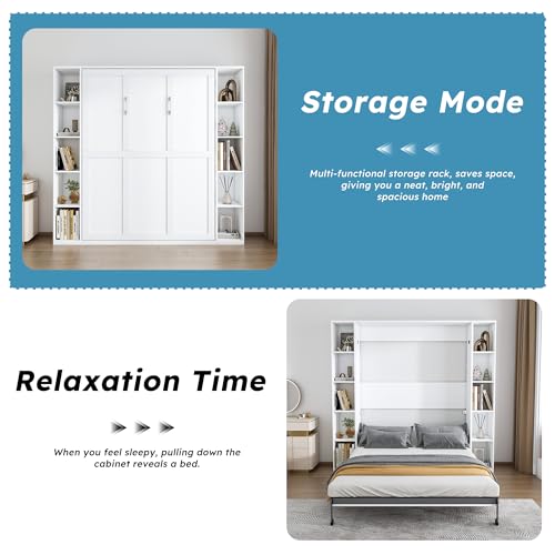 Hosnnile Queen Murphy Bed, 89.7'' Foldable Space-Saving Wall Bed with Storage Cabinet, Solid Hidden Metal Bed Frame with Wooden Bookcase Bookshelf for Bedroom, Guest Room Hosnnile