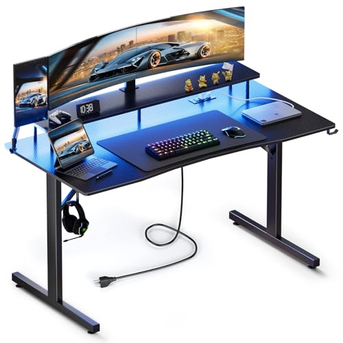 COMHOMA 55 Inch Gaming Desk with USB Charging Ports and LED Lights, Computer Desk with Monitor Stand for Home Office, Modern Gamer Desk Table with Mouse Pad & Side Hook, Colorful COMHOMA