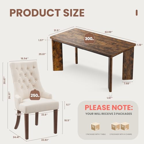 MALOL 5-Piece Rectangular Dining Table Set for 4, 63" Industrial Kitchen Table with 4 Tufted Parsons Dinner Chairs for Dining Room, Kitchen, Living Room, Brown+Beige MALOL
