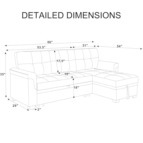Lyngins L Shaped 3 Seat Sofa Bed with Storage, 86" Sleeper Sofa Couch with Pull Out Chaise Sectional Couch for Apartment, Bedroom, Living Room, Black Lyngins