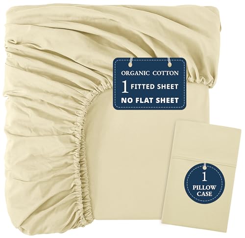 LANE LINEN Twin Fitted Sheets, 100% Organic Cotton 2-Piece Set (1 Fitted Sheet, 1 Pillowcase), Percale Weave, Bottom Sheet, Soft, Breathable, Fits Mattress Upto 15' Deep - Vanilla (No Flat Sheet) LANE LINEN