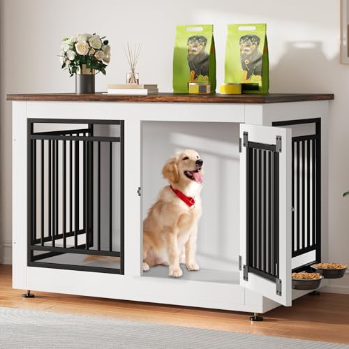 YITAHOME 39" Dog Crate Furniture, Wooden Side End Table with Adjustable Feet and Removable Bowls, Dog Kennel Indoor for Medium Large Dogs YITAHOME