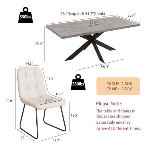 ZckyCine 6-8 Person Modern Rectangular Dining Table Set with 6 Chairs, Expandable Kitchen Table (51 to 63 Inches), Space-Saving Design, Metal Frame, Gray Tabletop & White PU Leather Chairs ZckyCine