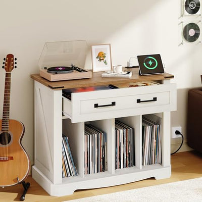 YATINEY Large Record Player Stand with Charging Station, Turntable Stand with Drawer, Vinyl Record Storage, End Side Table for Living Room,Vintage White and Brown ET75UWH
