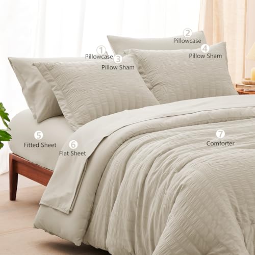 CozyLux King Size Comforter Set Oatmeal Seersucker 7 Pieces Bed in a Bag King Comforter Set with Sheets, Luxury Bedding Set with Down Alternative Comforter, Sheets, Pillowcases & Shams All Seasons CozyLux