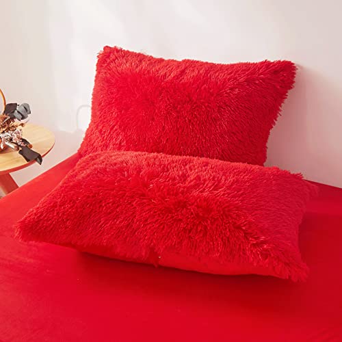 FOPPA Christmas Comforter Cover Queen - Ultra Soft Plush Bedding Set 3 Pieces (1 Faux Fur Duvet Cover + 2 Faux Fur Pillow Cases) Red Bed Set FOPPA