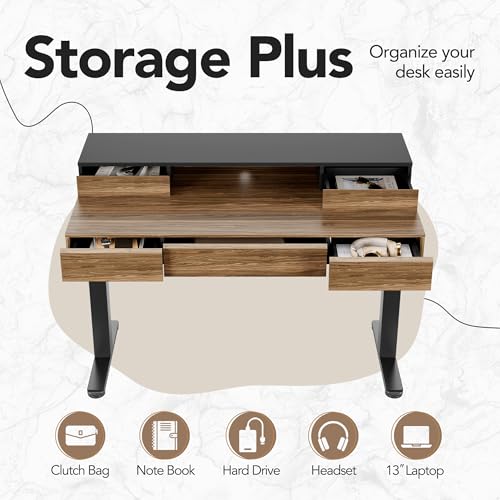 HUANUO Standing Desk with Drawers, 48 Inches Electric Height Adjustable Desk with Storage, Whole-Piece Board Sit Stand Up Desk with Monitor Shelf, Black Walnut HUANUO