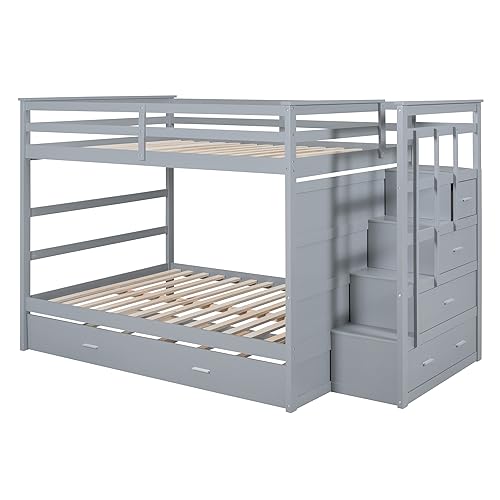 Full Over Full Bunk Bed with Trundle & Drawers & Storage Staircase,Wooden Full Triple Bunk Bed Frame with Full-Length Safety Guardrails and Headboard for Kids Teens Bedroom,Wood Slat Support,Gray Harper & Bright Designs