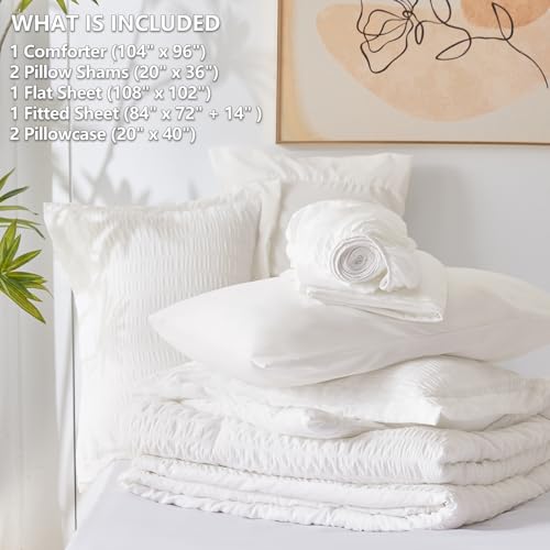 CozyLux California King Comforter Set with Sheets 7 Pieces, White Seersucker Bed in a Bag Cal King Luxury Soft Bedding Sets with Down Alternative Comforter, Sheets, Pillowcases & Shams for All Season CozyLux