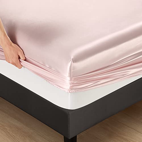 HommxJF Silk Satin Blush Pink Twin Fitted Sheet, Deep Pocket Fitted Sheet Only, Breathable, Non- Fading, Fully Elasticized Bed Sheets Sold Separately HommxJF