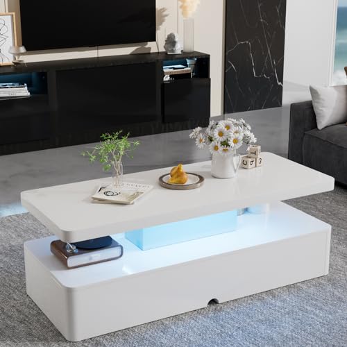 oneinmil Modern Stylish Coffee Table with 16 Colors LED Lights, Double-Layer Design for Living Room, White oneinmil