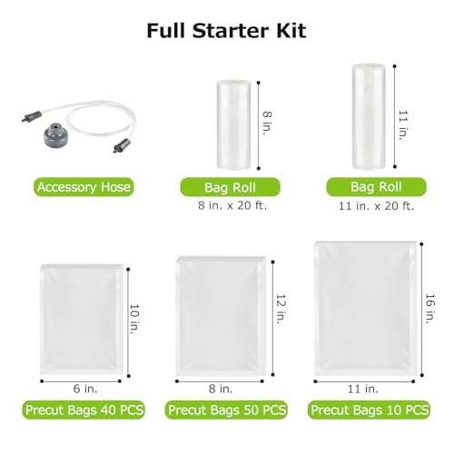 Bonsenkitchen Vacuum Sealer Machine, Powerful Low-Noise Food Vacuum Sealer for High-Speed Continuous Working, Handle Locked Design, Built-in Cutter, 2 Bag Rolls + 100 PCS Vacuum Bags Bonsenkitchen