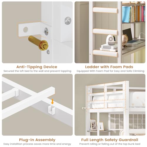 Loft Bed with L-Shaped Desk, LED Lights, Charging Station, Metal Loft Bed Frame with 5 Storage Drawers and Hall Tree, Twin Size Bed for Kids with Ladder and Safety Guard, No Box Spring Needed, White MSmask
