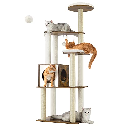 Feandrea WoodyWonders Cat Tree, 65-Inch Modern Cat Tower for Indoor Cats, Multi-Level Cat Condo with 5 Scratching Posts, Perch, Washable Removable Cushions, Cat Furniture, Rustic Brown UPCT166X01 Feandrea