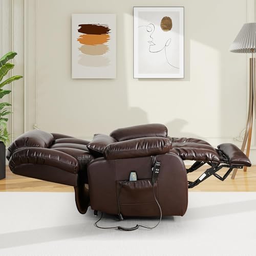 EDILLY XL Large Genuine Leather Lift Chair Recliner for Elderly, Dual Motor with Massage and Heating,with Double Lumbar Cushion and Extended Footrest,USB Port and Remote,Seat Width 26"(Brown)