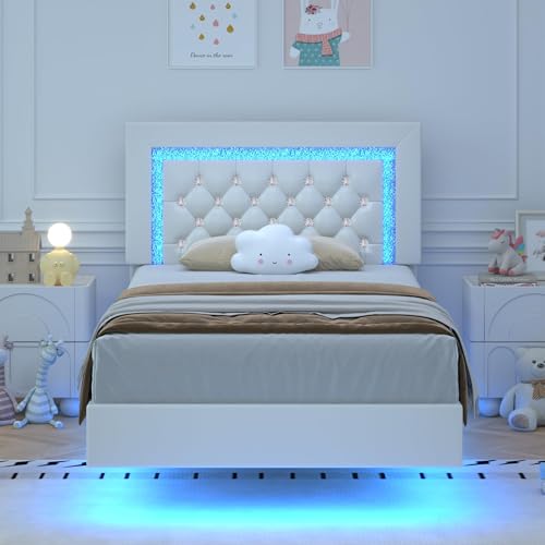 BarnFurin Floating Twin Bed Frame with LED Lights, Upholstered Platform Bed with Diamond Tufted Headboard, No Box Spring Needed, Noise Free, Easy Assembly, White BarnFurin