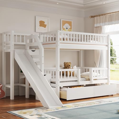 Merax Bunk Bed Twin Size with Drawers, Slide and Storage Stairs, Solid Wood Bunk Bed Frame with Fence for Kids Teens, No Spring Box Required, No Squeaks,White Merax