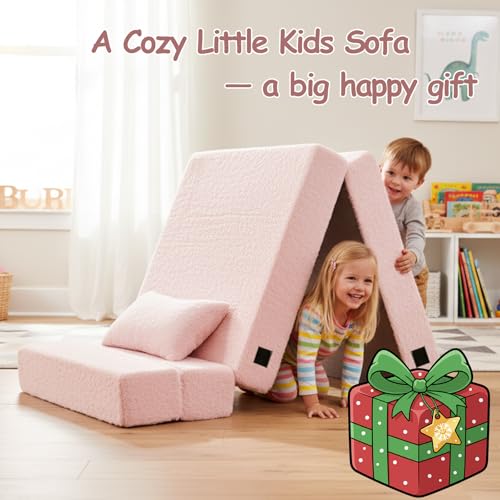 Tiita Folding Sofa Bed Floor Mattress for Kids, Toddler Washable Foldable Floor Nap Mat, Child Fold Up Sofa Futon Folding Chair Bed with Storage Bag for Girls Boys, Ball, Plush Pink Tiita