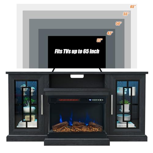 Unineo 59 Inch LED TV Stand with 3-Side Glass Fireplace, Modern Media Entertainment Center Console Table for TVs up to 65 Inch with Adjustable Flame & LED Color, 24’’ Fireplace, Highboy, Black Unineo