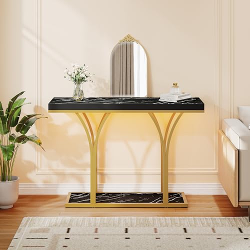 YITAHOME Gold Console Table with LED Lights, Entryway Table, Modern Narrow Sofa Side Foyer Accent Table with Faux Marble Top Luxury for Entry Way, Hallway, Living Room, Faux Marble Black YITAHOME