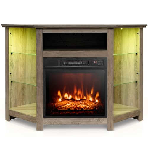 Tangkula Fireplace Corner TV Stand with LED Lights & Smart APP Control for 50 Inches TV, Entertainment Center with Adjustable Glass Shelves, 18” Electric Fireplace, Remote Control, Thermostat Tangkula