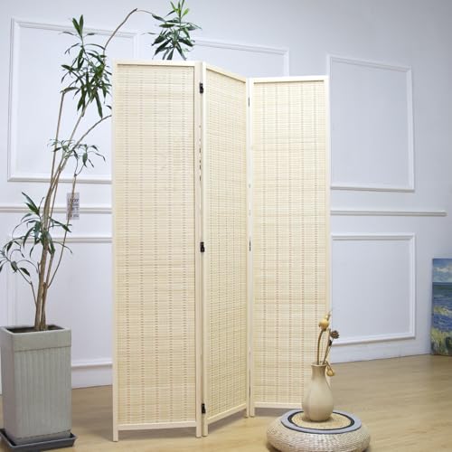 Furnnylane 3 Panel Room Divider and Folding Panel Screen,Bamboo Panel Divider Screen for Room Separation,Beige,67" H x 46" W Furnnylane