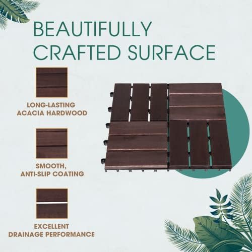 Idzo Interlocking Deck Tiles - 10PCS Waterproof Acacia Wood Patio Tiles, Floor Tiles for Balcony, Backyard, Indoor and Outdoor use - Decking Checker Pattern, 12 x 12 x 0.9 Inches, Dark Brown IDZO