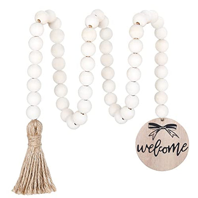 Meplait Welcome Wooden Bead Garland with Tassel, Decorative Beads Home Decor Farmhouse Tassel Garland Boho Decor for Tiered Tray(38in)