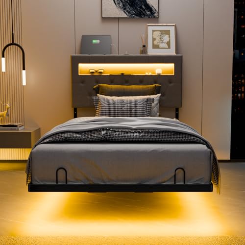 VINGLI Twin Floating Bed Frame with Upholstered Headboard,Charging Station/LED Lights, Modern Platform Bed,Heavy Duty Metal Bed Frame,Adjustable Headboard, No Box Spring Needed, Easy Assembly,Grey VINGLI