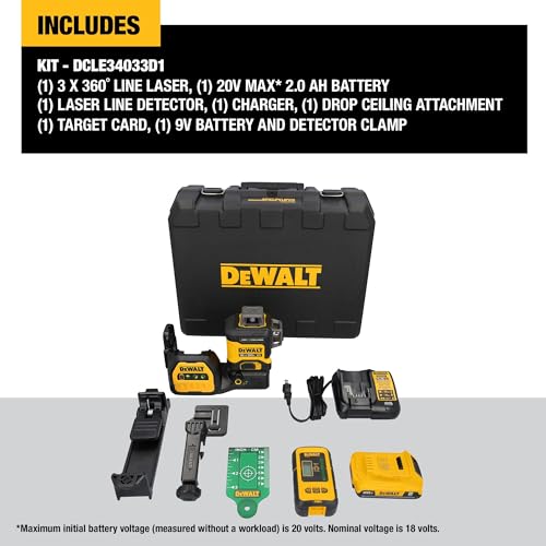 DEWALT 12V/20V MAX XR Line Laser, High Precision 3 X 360, Green, Battery and Charger Included (DCLE34033D1) DEWALT