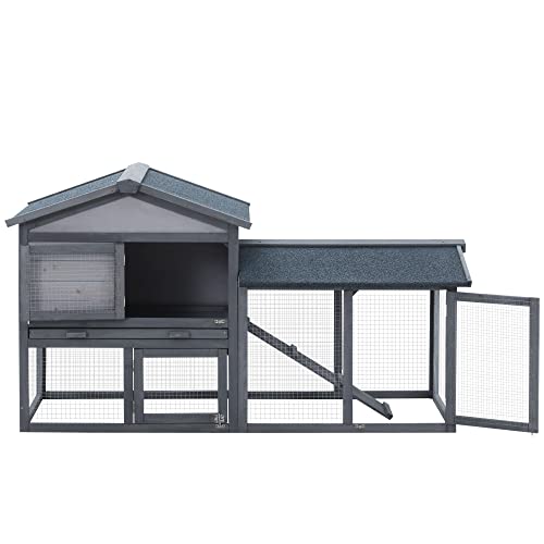 PawHut 58" Rabbit Hutch, Wooden Bunny Hutch, Guinea Pig Cage, Small Animal Enclosure with Run Area, Removable Tray, Asphalt Roof, Lockable Doors and Ramp, Dark Gray PawHut